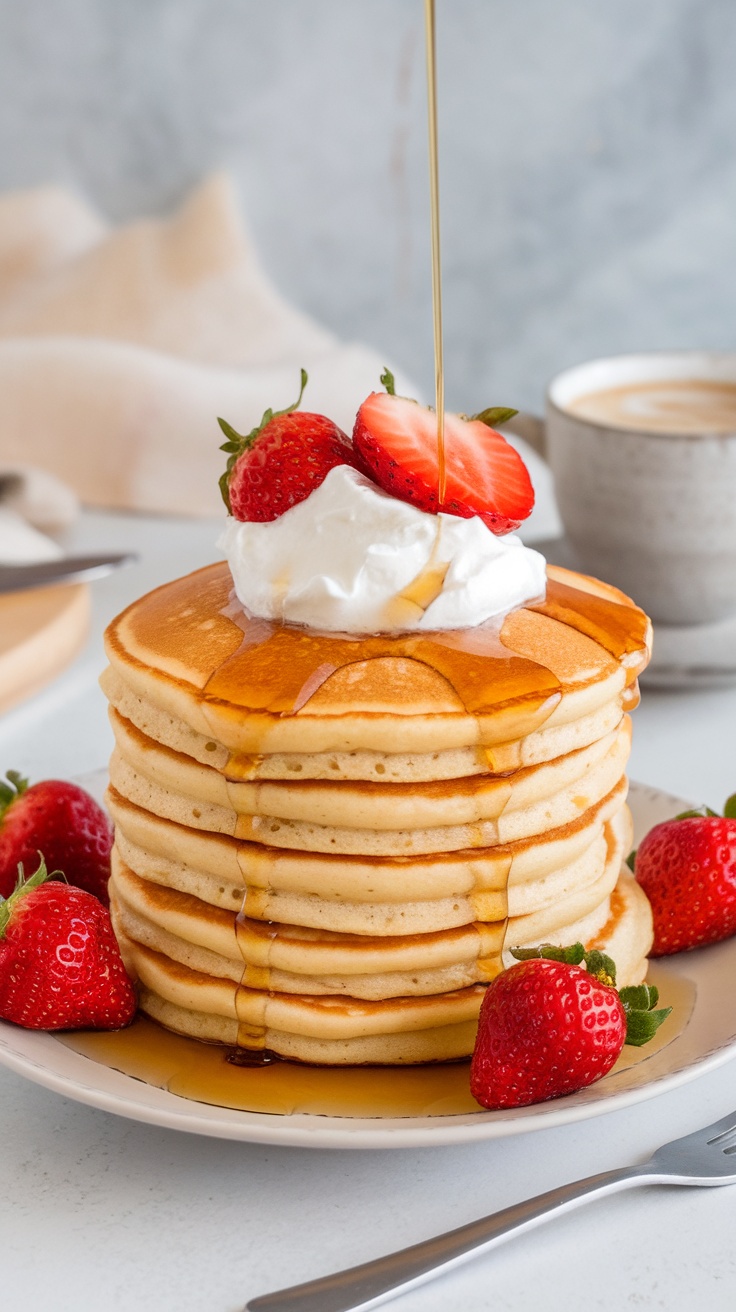 A delicious stack of pancakes with whipped cream and strawberries, drizzled with syrup, on a breakfast table.